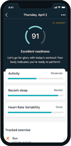 Scherm van Fitbit-app waarop een uitstekende herstelscore wordt weergegeven